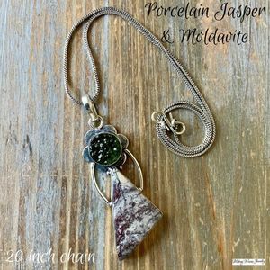 Porcelain Jasper and Moldavite Silver Pendant Necklace